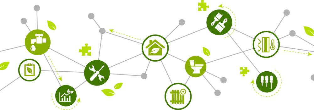 eco friendly remodelling or construction / energy efficient renovation vector illustration. Concept with icons related to sustainable green home improvement, ecological restoration or interior design. Energieberatung für Tönisvorst, Krefeld, Viersen, Mönchengladbach, Düsseldorf, Neuss